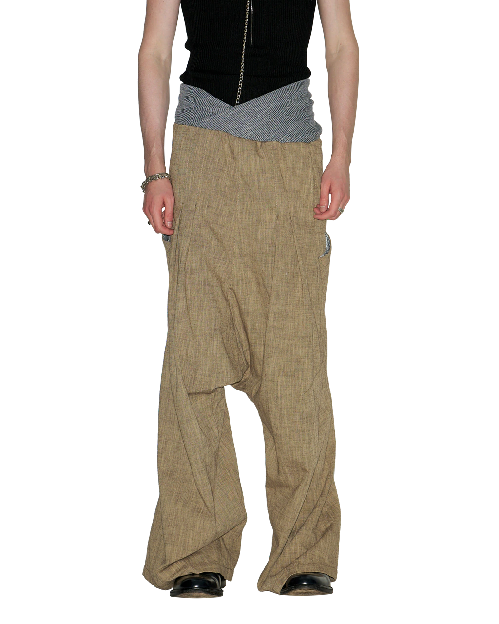 KHAKI DROP-CROTCH TROUSERS