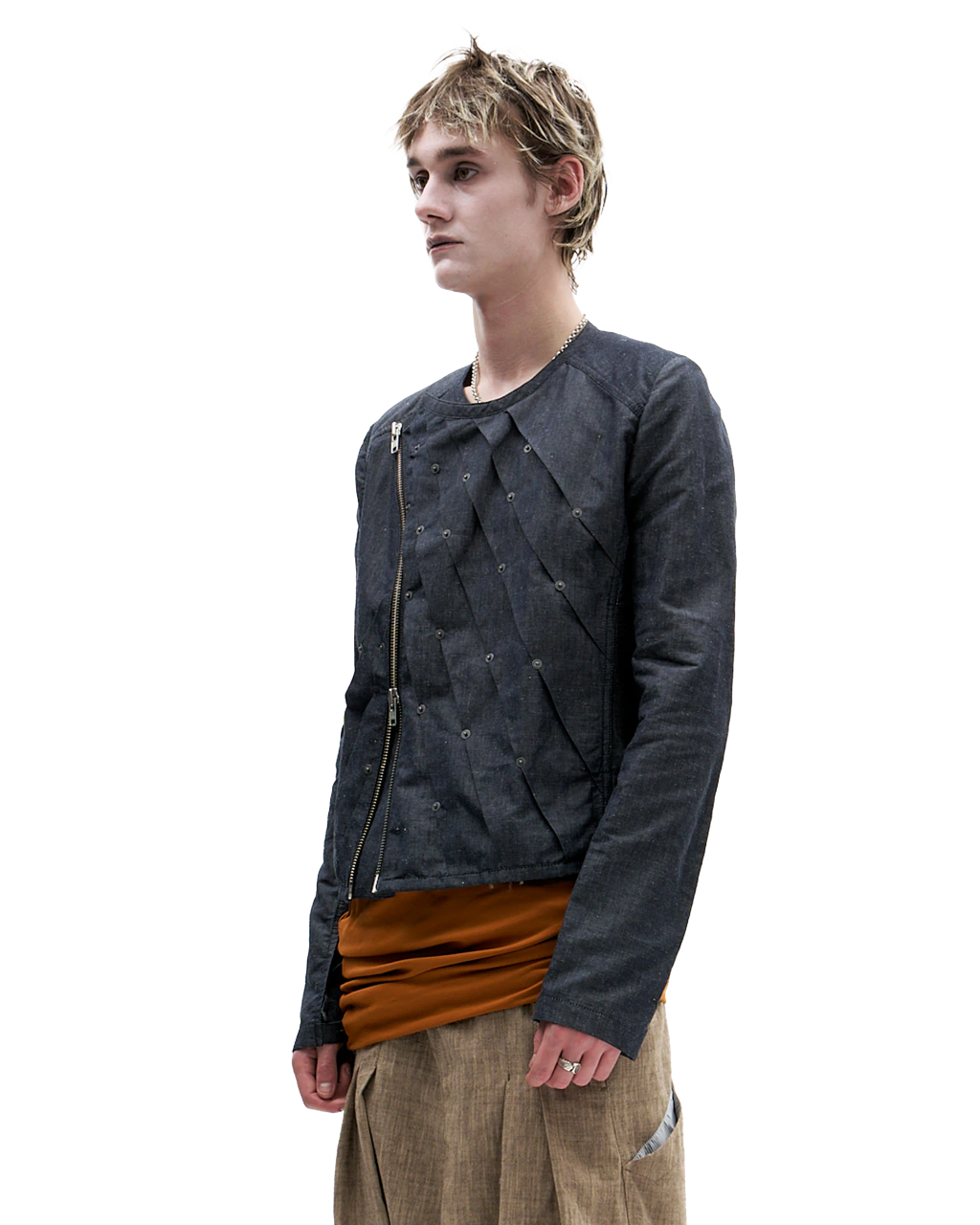 NAVY PLEATED DENIM JACKET