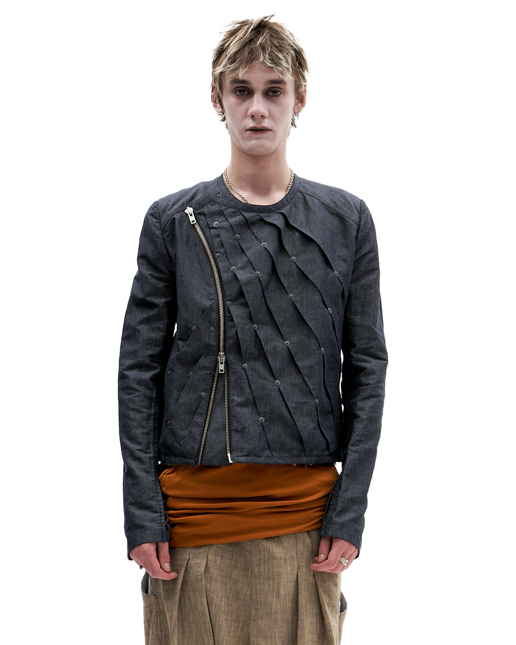 NAVY PLEATED DENIM JACKET